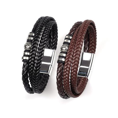 PU Leather Bracelet with 304 Stainless Steel multilayer & folk style & for man Length Approx 7-9 Inch Sold By PC