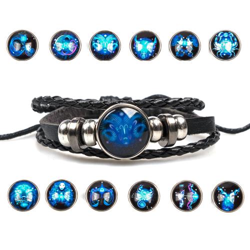 PU Leather Bracelet, with Glass & Tibetan Style, 12 Signs of the Zodiac, punk style & Unisex & braided & different designs for choice, Length:Approx 7-10.5 Inch, Sold By PC