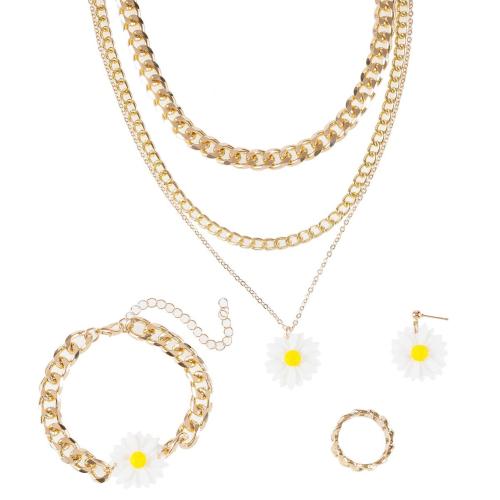 Cink ötvözet Jewelry Set, finger ring & karkötő & fülbevaló & nyaklánc, -val Gyanta & Sárgaréz & Vas, százszorszép, arany színű aranyozott, 4 darab & a nő, Által értékesített Set
