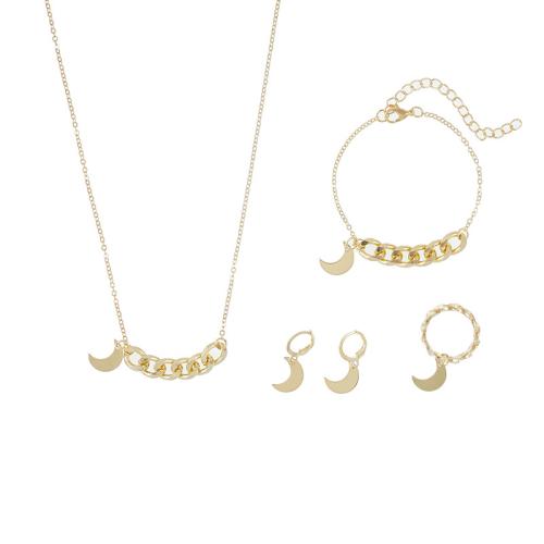 Cink ötvözet Jewelry Set, finger ring & karkötő & fülbevaló & nyaklánc, -val Sárgaréz & Vas, Hold, arany színű aranyozott, 4 darab & a nő, Által értékesített Set