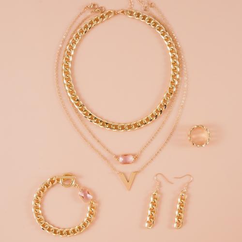 aleación de zinc Conjunto de joya, anillo de dedo & pulsera & pendiente & collar, con Vidrio & metal & fundición, chapado en color dorado, 4 piezas & para mujer, Vendido por Set