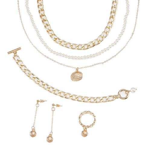 alliage de zinc parure de bijoux, bague, anneau & Bracelet & boucle d'oreille & collier, avec Plastique ABS perle & laiton & fer, coquille, Placage de couleur d'or, 4 pièces & pour femme, Vendu par fixé