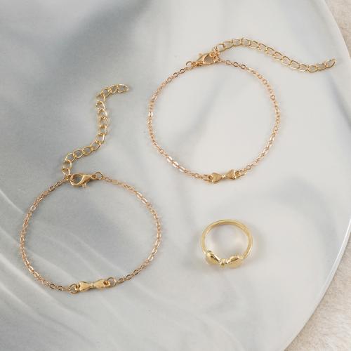 aleación de zinc Conjunto de joya, anillo de dedo & pulsera, con metal & fundición, Lazo, chapado en color dorado, tres piezas & para mujer, Vendido por Set