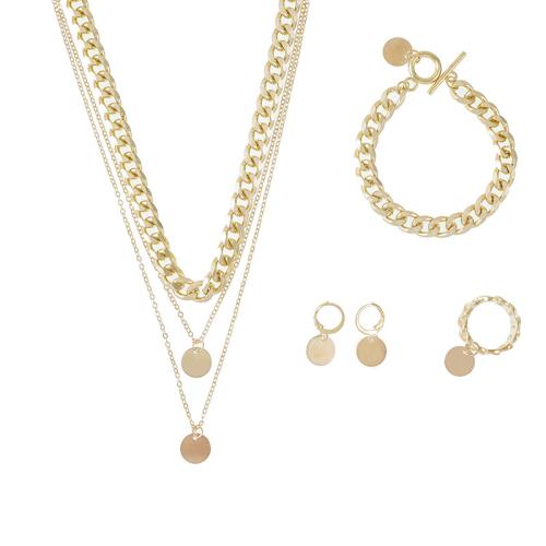 Cink ötvözet Jewelry Set, finger ring & karkötő & fülbevaló & nyaklánc, -val Sárgaréz & Vas, Lapos kerek, arany színű aranyozott, 4 darab & a nő, Által értékesített Set