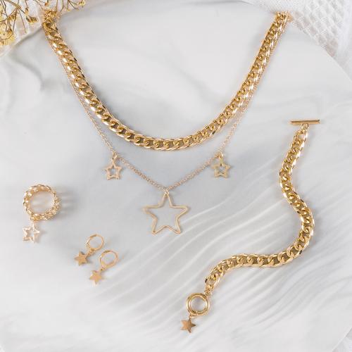 Zinc Alloy Jewelry Set finger ring & bracelet & earring & necklace with Brass & Iron Star gold color plated 4 pieces & for woman Sold By Set
