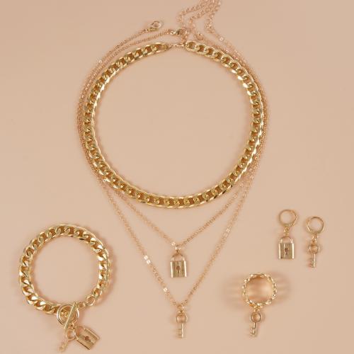 alliage de zinc parure de bijoux, bague, anneau & Bracelet & boucle d'oreille & collier, avec laiton & fer, Blocage et clé, Placage de couleur d'or, 4 pièces & pour femme, Vendu par fixé