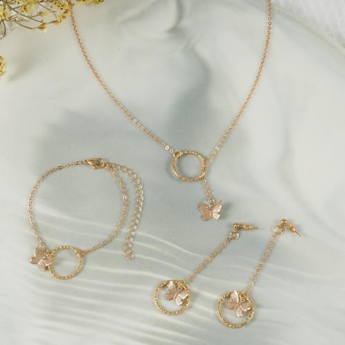 alliage de zinc parure de bijoux, Bracelet & boucle d'oreille & collier, avec laiton & fer, papillon, Placage de couleur d'or, trois pièces & pour femme, Vendu par fixé