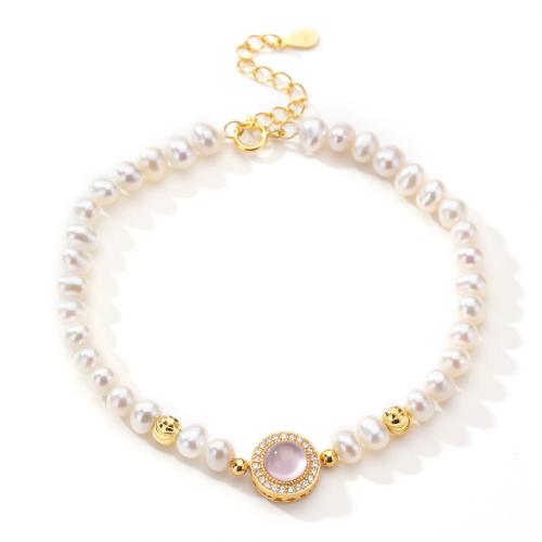 Bracelets en argent sterling, Argent sterling 925, avec perle d'eau douce cultivée & quartz rose, avec 4cm chaînes de rallonge, bijoux de mode & pour femme, Longueur Environ 16.5 cm, Vendu par PC