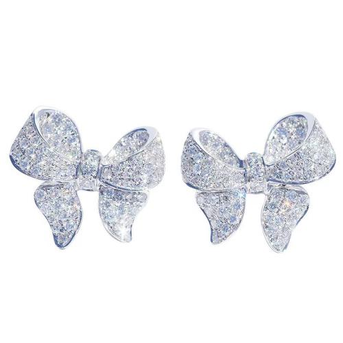 Boucles d'oreilles en laiton zircon cubique pavent, Noeud papillon, bijoux de mode & pavé de micro zircon & pour femme, 16mm, Vendu par paire