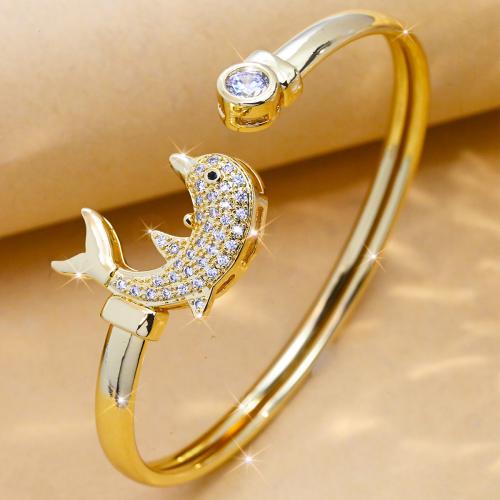 Cubic Zirconia Micro Pave Brass Bracelet Dolphin gold color plated Adjustable & fashion jewelry & micro pave cubic zirconia & for woman golden nickel lead & cadmium free Bangle mm Sold By PC