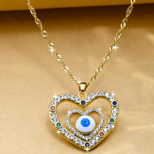 Evil Eye Jewelry Necklace, Brass, Heart, gold color plated, fashion jewelry & micro pave cubic zirconia & for woman, nickel, lead & cadmium free, Length:Approx 44 cm, Sold By PC