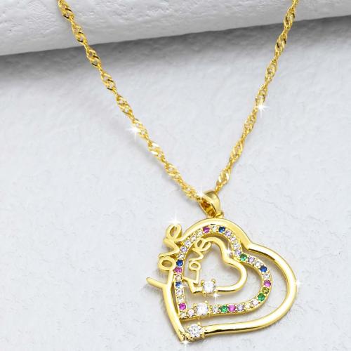 Cubic Zircon Micro Pave Brass Necklace Heart gold color plated fashion jewelry & micro pave cubic zirconia & for woman nickel lead & cadmium free Length Approx 44 cm Sold By PC