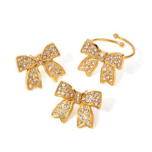 Rhinestone Stainless Steel Jewelry Set, 304 Stainless Steel, Bowknot, gold color plated, fashion jewelry & different styles for choice & with rhinestone, golden, Sold By PC