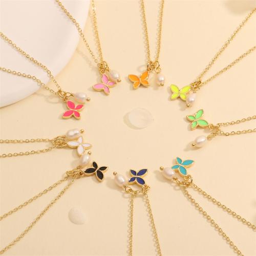 Brass Necklace, with Plastic Pearl, with 5cm extender chain, Butterfly, plated, fashion jewelry & enamel, more colors for choice, nickel, lead & cadmium free, Length:35 cm, Sold By PC
