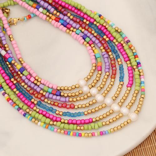 Glass Seed Beads Necklace Seedbead with Plastic Pearl & 304 Stainless Steel with 5cm extender chain fashion jewelry & handmade & for woman Length 40 cm Sold By PC