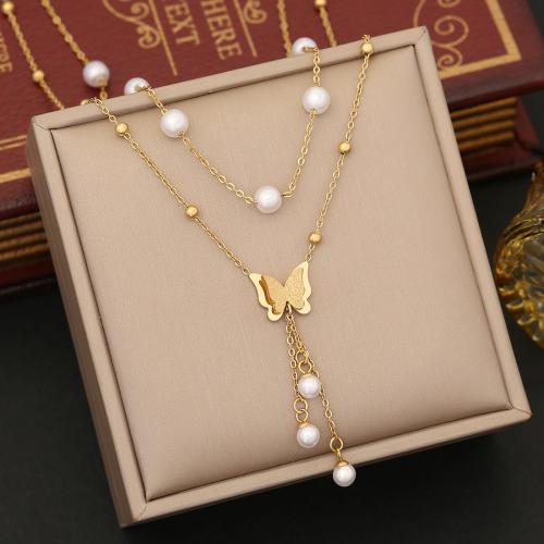 Stainless Steel Jewelry Necklace, 304 Stainless Steel, with Plastic Pearl, with 5cm extender chain, fashion jewelry & different styles for choice & for woman, gold, Length:40 cm, Sold By PC