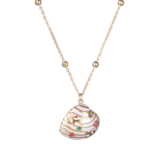 Titanstahl Halskette, mit Weiße Muschel, mit Verlängerungskettchen von 5cm, Modeschmuck & für Frau & mit Strass, Goldfarbe, Länge 42 cm, verkauft von PC
