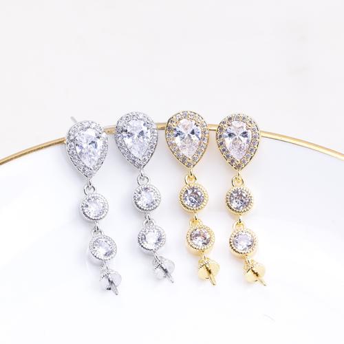 Brass Earring Stud Component, real gold plated, DIY & micro pave cubic zirconia, more colors for choice, 33mm, Sold By Pair