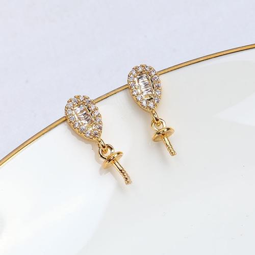 Brass Earring Stud Component real gold plated DIY & micro pave cubic zirconia 14mm Sold By Pair