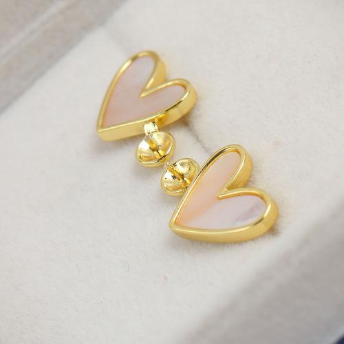 Brass Earring Stud Component with Shell Heart real gold plated DIY golden 16mm Sold By Pair