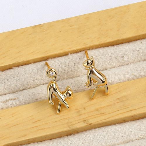 Brass Earring Stud Component Cat real gold plated DIY & micro pave cubic zirconia 7mm Sold By Pair