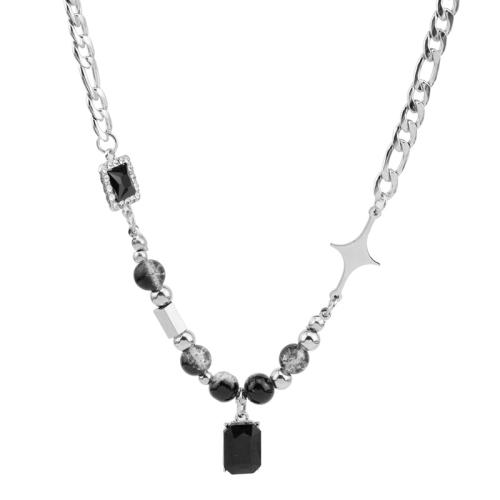 Collar de Acero Titanio, Partículas de acero, con Piedras preciosas, con 5cm extender cadena, unisexo & micro arcilla de zirconia cúbica, plateado, longitud:50 cm, Vendido por UD