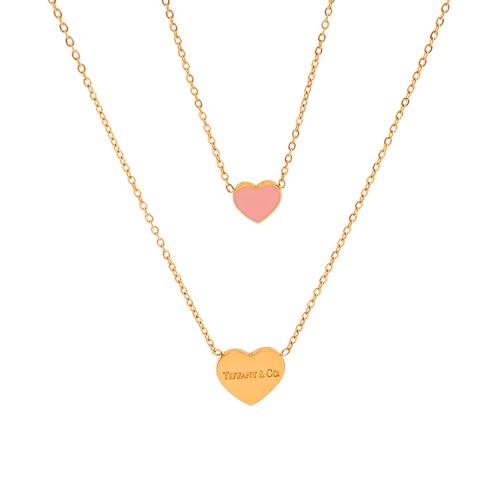 Titanium Steel Necklace, with 2.36inch extender chain, Heart, 18K gold plated, Double Layer & with letter pattern & for woman & enamel, Length:Approx 15.7 Inch, Approx 18.9 Inch, Sold By PC