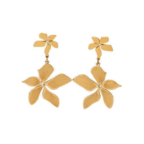 304 Stainless Steel Drop Earring Flower 18K gold plated for woman & with rhinestone Sold By Pair
