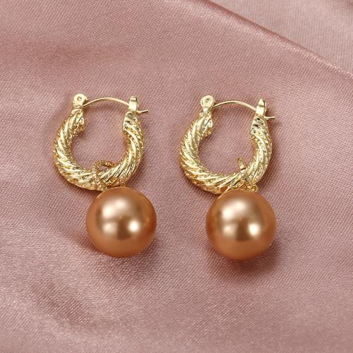 Blås Droppörhänge, Mässing, med Plast Pearl, mode smycken & för kvinna, gyllene, 38mm, Säljs av Par