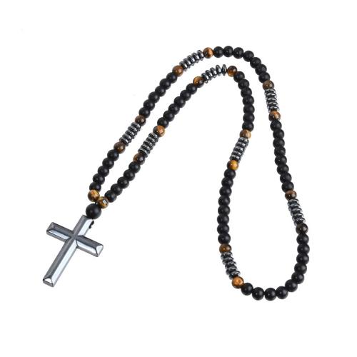 Natural Gemstone Necklace Obsidian with Abrazine Stone & Tiger Eye & Hematite Cross fashion jewelry & for man Sold By PC