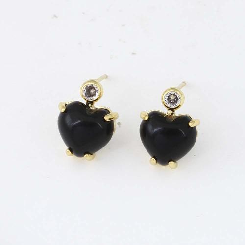 Cubic Zirconia Micro Pave Brass Earring Heart gold color plated micro pave cubic zirconia & for woman black nickel lead & cadmium free Sold By Pair