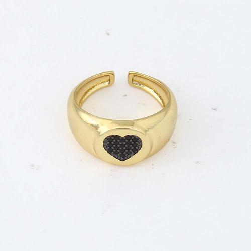 Cubique anneau en laiton Circonia Micro Pave, coeur, Placage de couleur d'or, pavé de micro zircon & pour femme, noire, protéger l'environnement, sans nickel, plomb et cadmium, 21x20.50x9.80mm, Vendu par PC