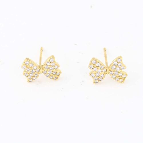 Cubic Zirconia Micro Pave Brass Earring, Bowknot, gold color plated, micro pave cubic zirconia & for woman, nickel, lead & cadmium free, 12.30x9.20x2.20mm, Sold By PC