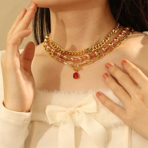 Brass Necklace with Gemstone & Crystal gold color plated fashion jewelry golden nickel lead & cadmium free Sold By PC