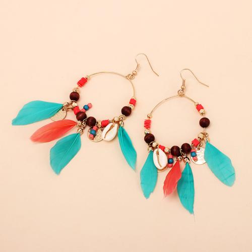 Fashion Feather Earring, Tibetan Style, with Feather & Shell & Wood, fashion jewelry & different materials for choice & for woman, 110mm, Sold By Pair