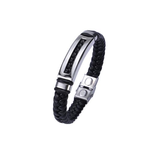PU Leather Cord Bracelets Titanium Steel with PU Leather polished Unisex black Sold By PC