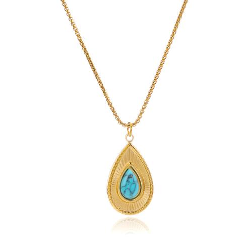 304 Stainless Steel Necklace, with turquoise, with 2inch extender chain, Teardrop, gold color plated, Bohemian style & for woman, Length:Approx 16.14 Inch, Sold By PC