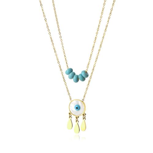 304 Stainless Steel Necklace with White Shell & Resin with 2inch extender chain Evil Eye gold color plated Double Layer & for woman Length Approx 15.7 Inch Approx 17.7 Inch Sold By PC