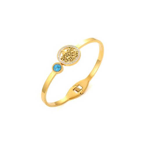 304 Stainless Steel Bangle with turquoise Tree 18K gold plated & for woman & epoxy gel & with rhinestone Sold By PC