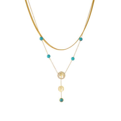 Titanium Steel Necklace, with turquoise, with 1.96inch extender chain, Tree, gold color plated, Double Layer & for woman & with rhinestone, Length:Approx 16.53 Inch, Sold By PC
