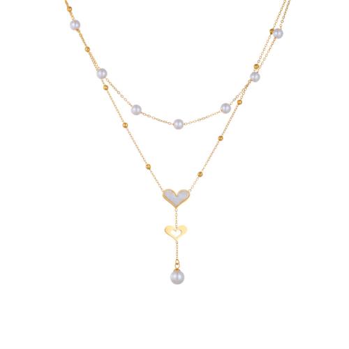 Titanium Steel Necklace, with White Shell & Plastic Pearl, with 2inch extender chain, Heart, gold color plated, Double Layer & for woman, Length:Approx 15.7 Inch, Sold By PC