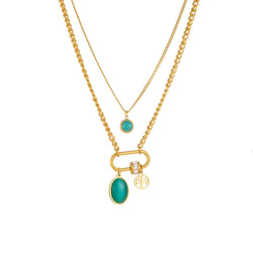 Titanium Steel Necklace, with turquoise & Cats Eye & White Shell, with 1.96inch extender chain, gold color plated, Double Layer & different styles for choice & for woman & with rhinestone, Length:Approx 16.53 Inch, Sold By PC