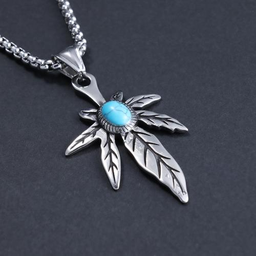 304 Stainless Steel Necklace with turquoise Maple Leaf polished vintage & Unisex original color Length Approx 23.6 Inch Sold By PC