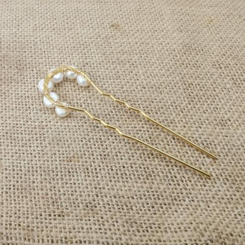 Hair Stick ABS Plastic Pearl with Brass for woman golden Pearl 8.5-9.0mm Sold By PC