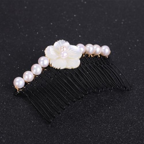 Decorative Hair Combs, ABS Plastic Pearl, with White Lip Shell & Tibetan Style, for woman, black, Pearls 6.5mm-7.5mm, Sold By PC