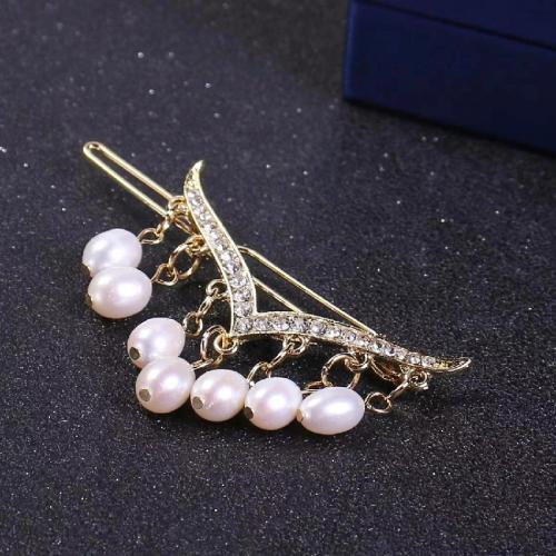 Hair Clip, ABS Plastic Pearl, with Brass, for woman & with rhinestone, golden, Pearl 6.5-7.5mm, Sold By PC