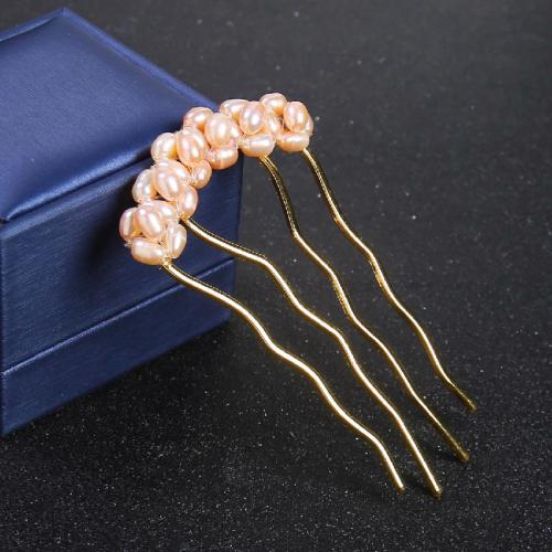 Decorative Hair Combs, ABS Plastic Pearl, with Brass, for woman, golden, Pearl 5-6mm, Sold By PC