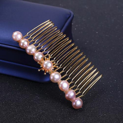 Decorative Hair Combs, ABS Plastic Pearl, with Brass, for woman, golden, Pearl  9-9.5mm, Sold By PC
