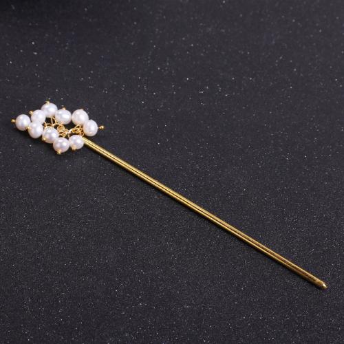 Hair Stick ABS Plastic Pearl with Brass for woman golden Pearl  6-8mm Sold By PC