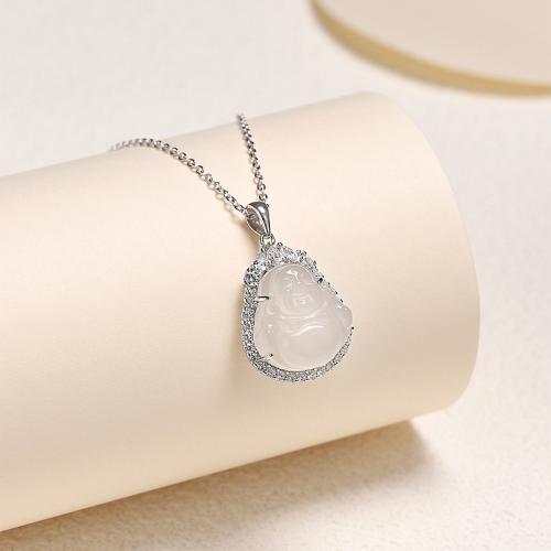 Cubic Zirconia Micro Pave 925 Sterling Silver Pendant, with White Chalcedony, DIY & micro pave cubic zirconia, 22.10x17.80x9.30mm, Sold By PC